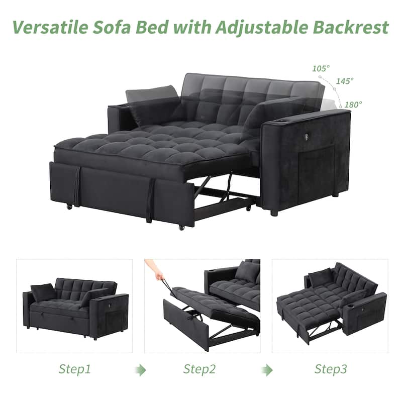 58" Velvet Sofa Bed with Built-In Cup Holder and USB Port, Great for Apartments or Guest Rooms