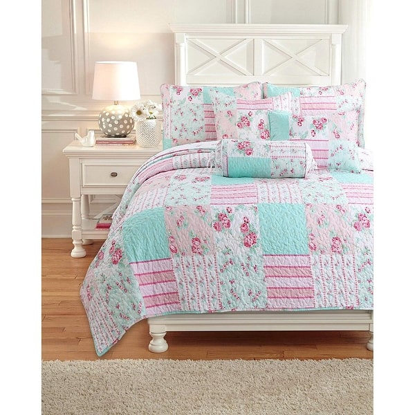 slide 2 of 7, Cozy Line Tiffany Pink Garden Floral Reversible Bedding Quilt Set