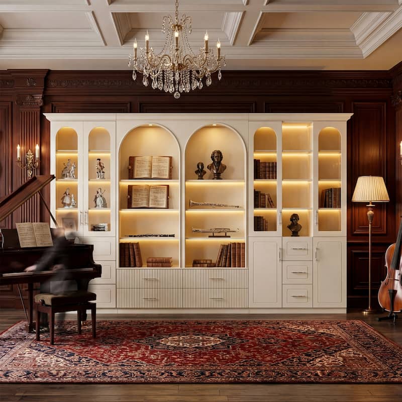 Modular Bookcase with LED Lights, Glass Door Storage Cabinet with Drawers, Large Display Shelving Unit Sideboard