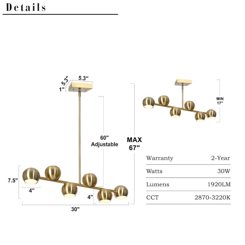 Modern 6-Light Gold LED Chandelier Metal Linear Island Lights for Dining Room