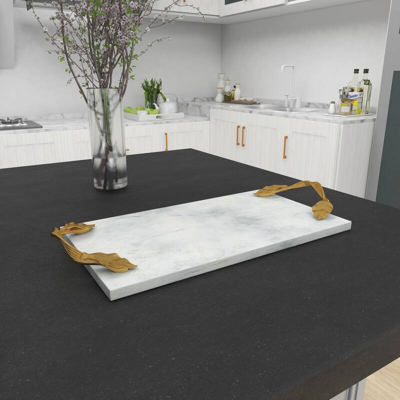 White Marble Oval or Rectangular Tray with Gold Twisted Leaf Handles