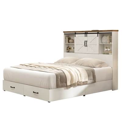 Farmhouse Platform Bed with Storage Drawers Shelves and Built In USB Charging Port Available