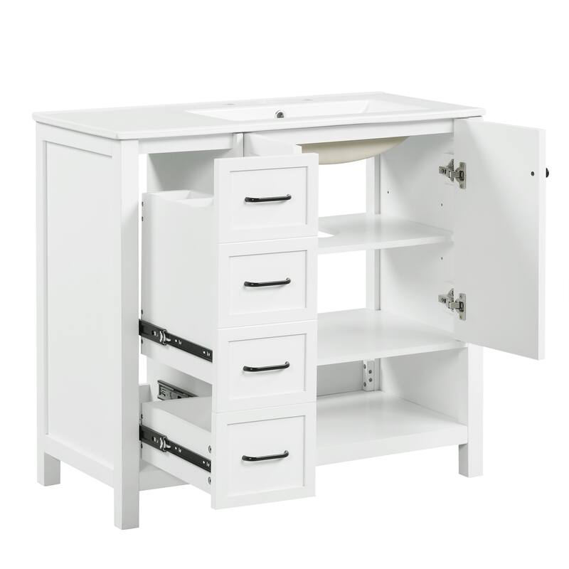 Freestanding Storage Cabinet Bathroom Vanity with Drop-In Sink, Ceramic Top, 2 Doors, 2 Drawers and Open Shelf