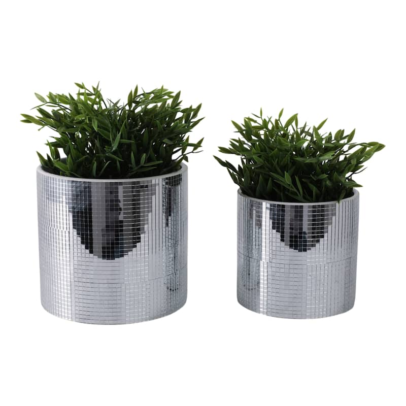 Stoneware Mirrored Tile Metallic Planters (Set of 2) - 7", 6" Silver - 7" x 7" x 7"