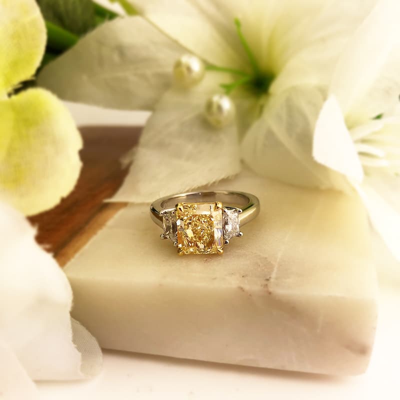 Auriya Platinum 3 3/5CTW 3 Stone Radiant Yellow Diamond Engagement Ring in (E, VS1)