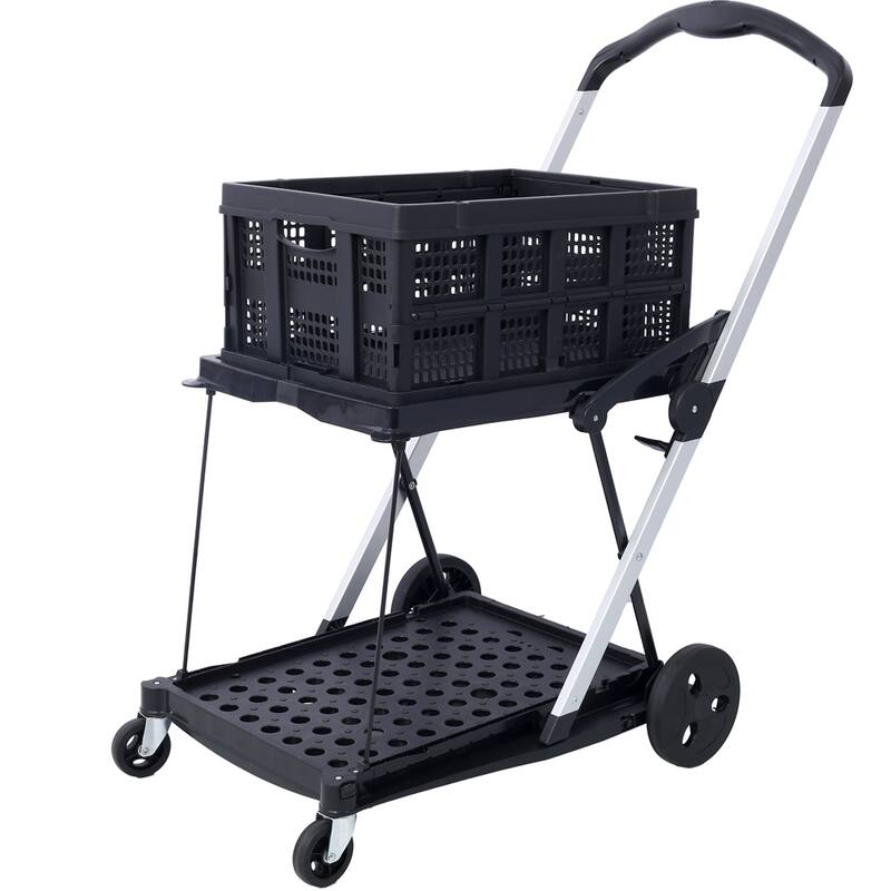2-Tier Multi Use Functional Collapsible Shopping Carts with Baskets - Black