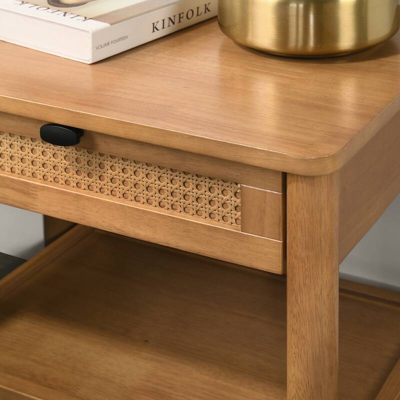 Single-Drawer Bedroom Nightstand with Shelf, Light Walnut