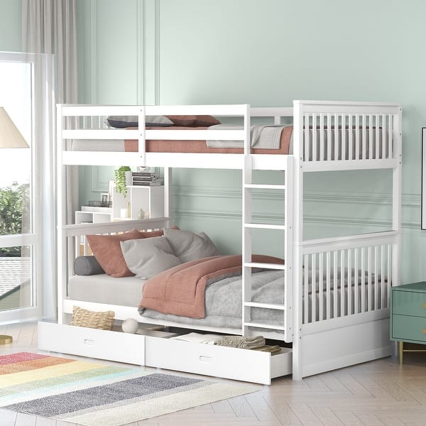 slide 2 of 27, Twin-Over-Twin Bunk Bed Frame with Ladders and Two Storage Drawers,Full Length Guard Rails,for Kids Youths Adults White