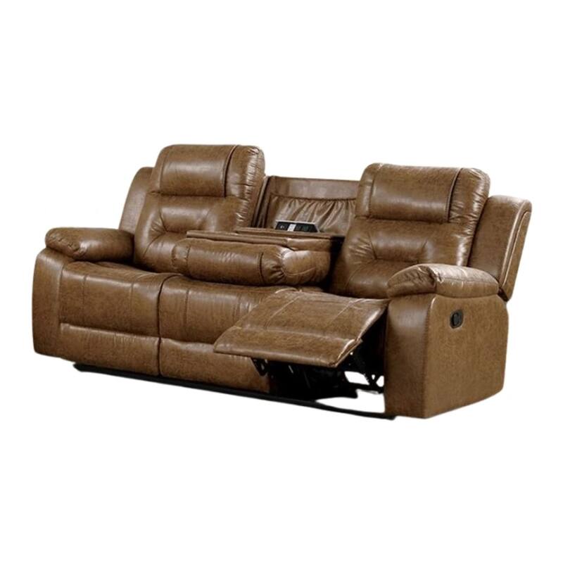 Kius Manual Recliner Sofa, Brown Faux Leather, 82 Inch, USB Chargers