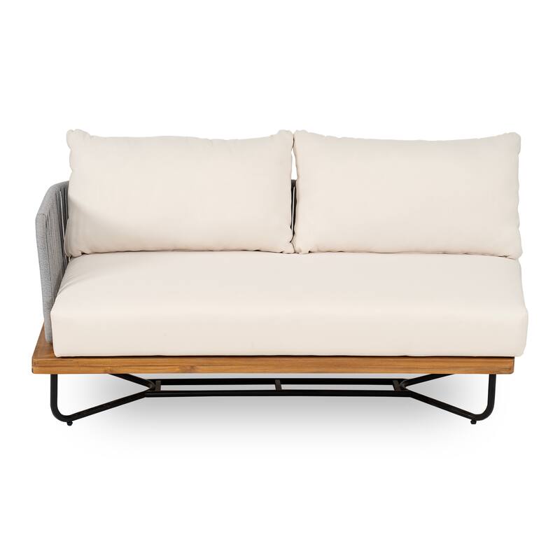 Roomfitters Outdoor Acacia Wood Rope Woven Left/Right Arm Sofa with Cushions, Beige - Teak+ Beige - Left