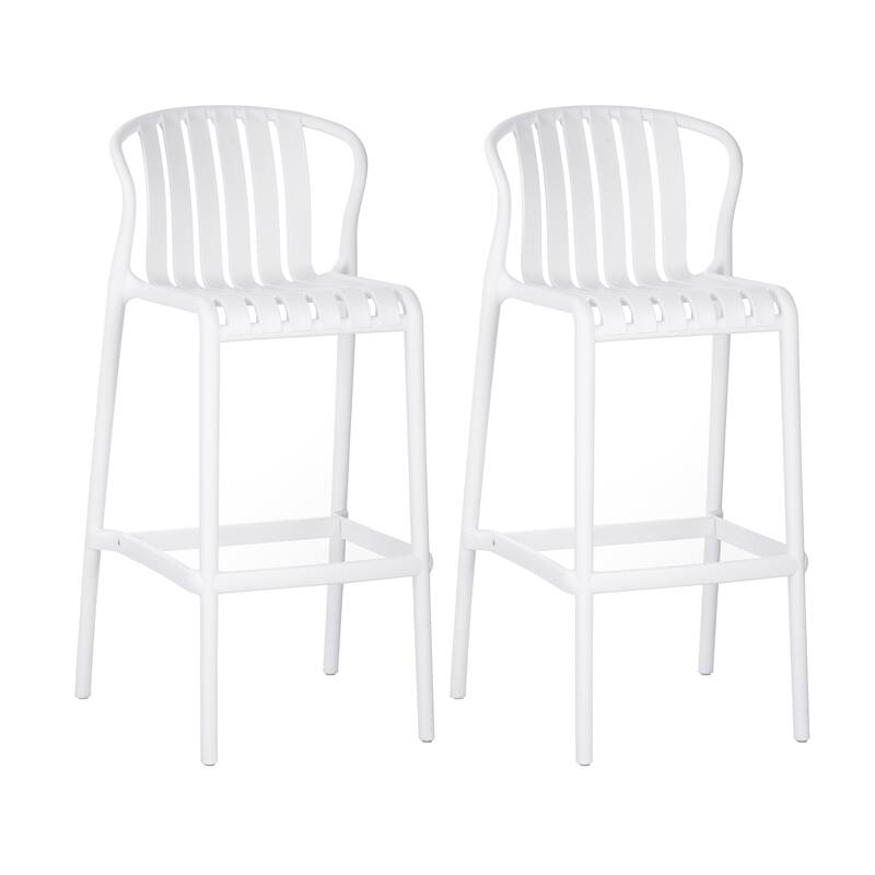Set of 2 All-Weather Outdoor Bar Stools, 29.5"H White Perforated Slat Back - Patio, Poolside & Kitchen Island
