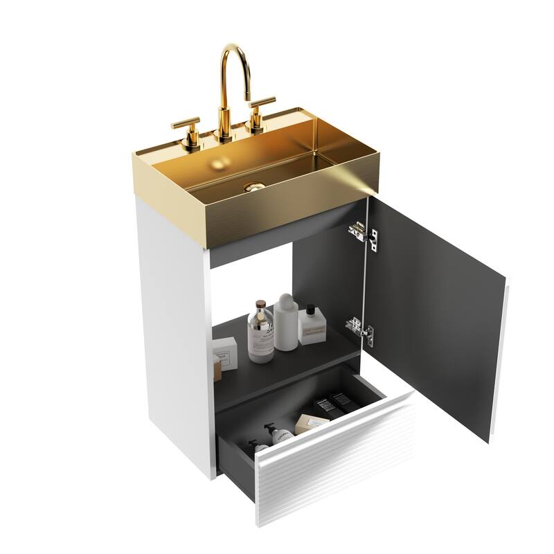 20" Striped Bathroom Vanity with Integrated Brushed Gold Stainless Steel Bathroom Sink, One-Piece Metal Basin without Faucet