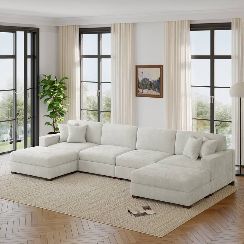 Modern Chenille Oversized Modular Sectional Sofa with 2 Ottoman - Off White-6 Piece