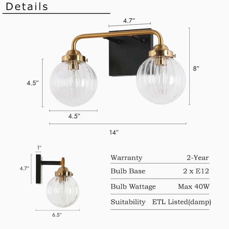 Modern 2-Light Black Gold Bathroom Vanity Light Ribbed Glass Wall Sconce