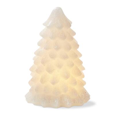 Snowy Pine Tree LED Flameless Candle - Small Sculpted Christmas Decor, White Paraffin Wax, 6.5" H x 4" L x 4" W