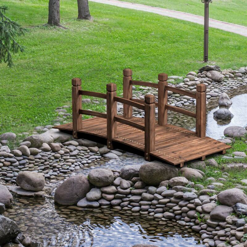 Gymax 5Ft Garden Wooden Bridge Decoration Backyard Pond w/ Safety