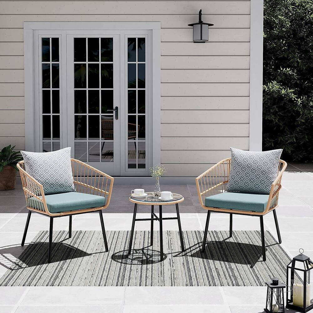 3 Piece Patio Furniture Outdoor Conversation Bistro Set with Tempered Coffee Table and Wicker Chairs for Garden Balcony