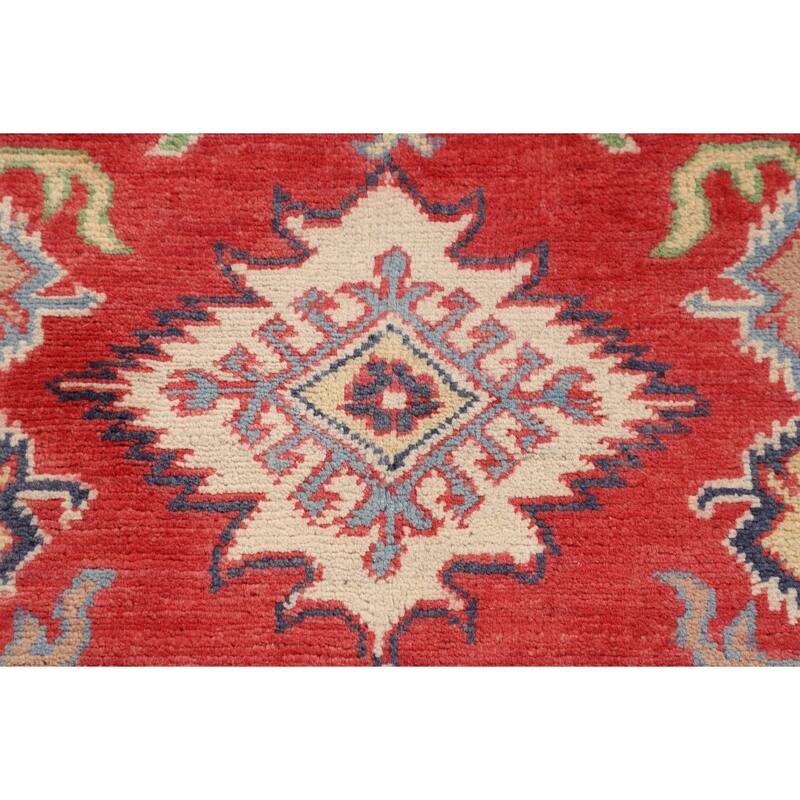 Geometric Kazak Accent Rug Handmade Red Wool Carpet - 3'4" x 5'0"
