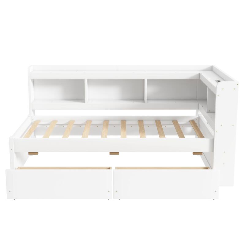 Bed with L-shaped Bookcases, Drawers
