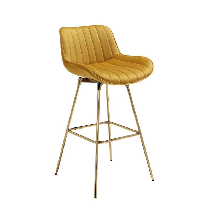 HomeRoots Set of Two 29" Yellow and Gold Velvet and Metal Low Back Bar Height Swivel Bar Chairs
