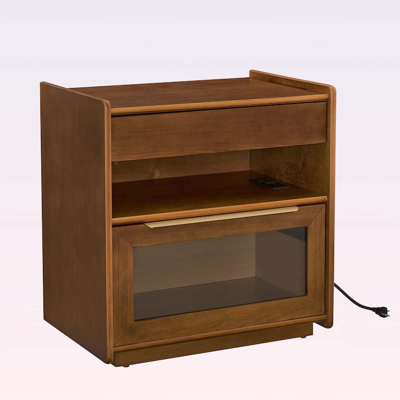 Mid Century Nightstand with Charging Station,2 Drawers,and Open Shelf,for Living Room and Dorm