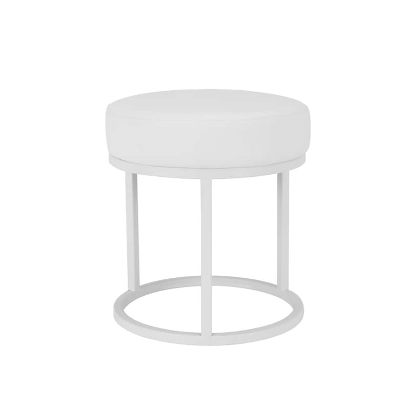 Tane 18 Inch Modern Accent Stool, Round Padded White Faux Leather Seat