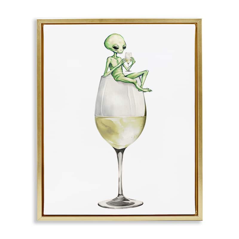 Stupell Alien Perched on Champagne Glass Framed Floater Canvas Wall Art Design By Lil' Rue - 17 x 21 - Gold