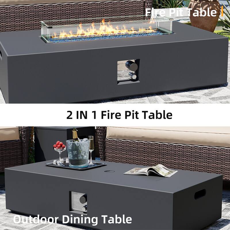 Patio Watcher iron outdoor fire pit table with gas tank cover, lid, and glass wind guard