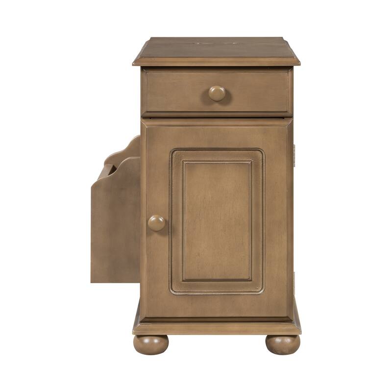 Vintage End Table Flip Top Side Table with USB Ports, One Multifunctional Drawer with cup holders, Sofa Couch Table w/ Bookshelf