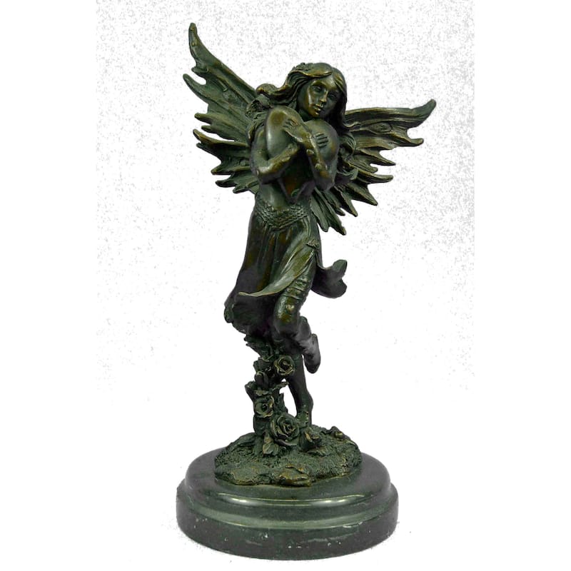 Fairy Angel Girl Clutching Heart Bronze Sculpture Statue Figure Love Valentine Decor