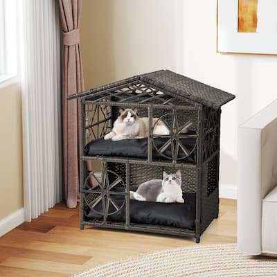Grey 2-Tier Rattan Cat House with Cushions Outdoor Elevated Pet Shelter for Small to Large Cats - 27" x 16" x 27.5"