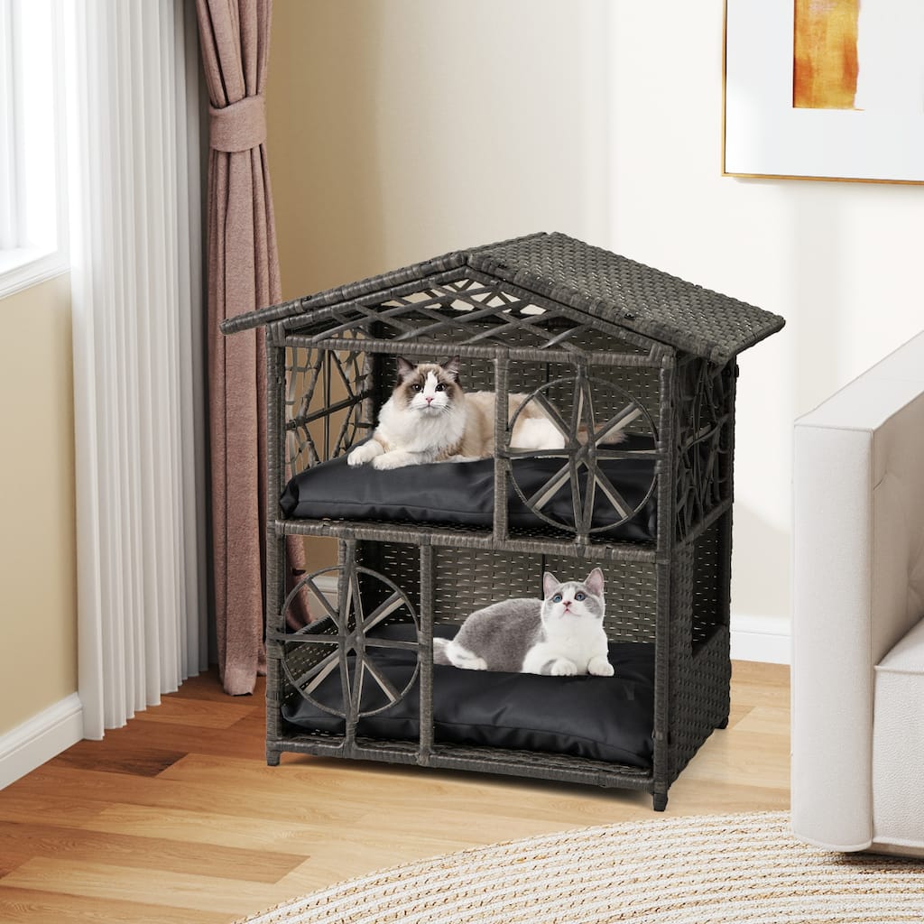 Grey 2-Tier Rattan Cat House with Cushions Outdoor Elevated Pet Shelter for Small to Large Cats - 27" x 16" x 27.5"