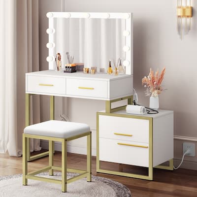 Makeup Vanity Table with Mirror and 10 LED Light Bulbs - 31.5"L x 15.7"W x 57.3"H