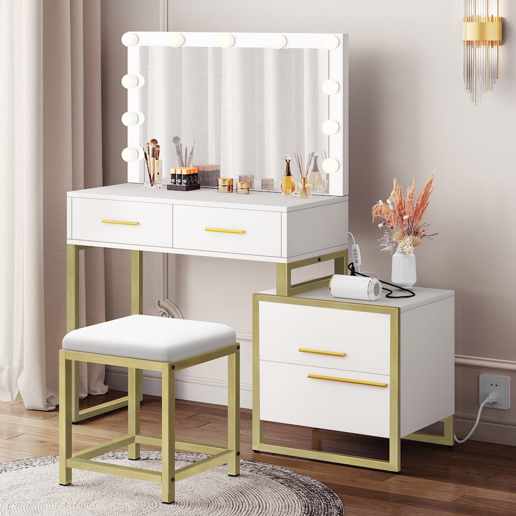 Makeup Vanity Table with Mirror and 10 LED Light Bulbs - 31.5"L x 15.7"W x 57.3"H