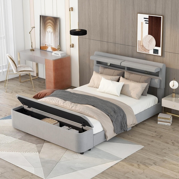 Queen Size Upholstered Platform Bed with Storage Headboard and