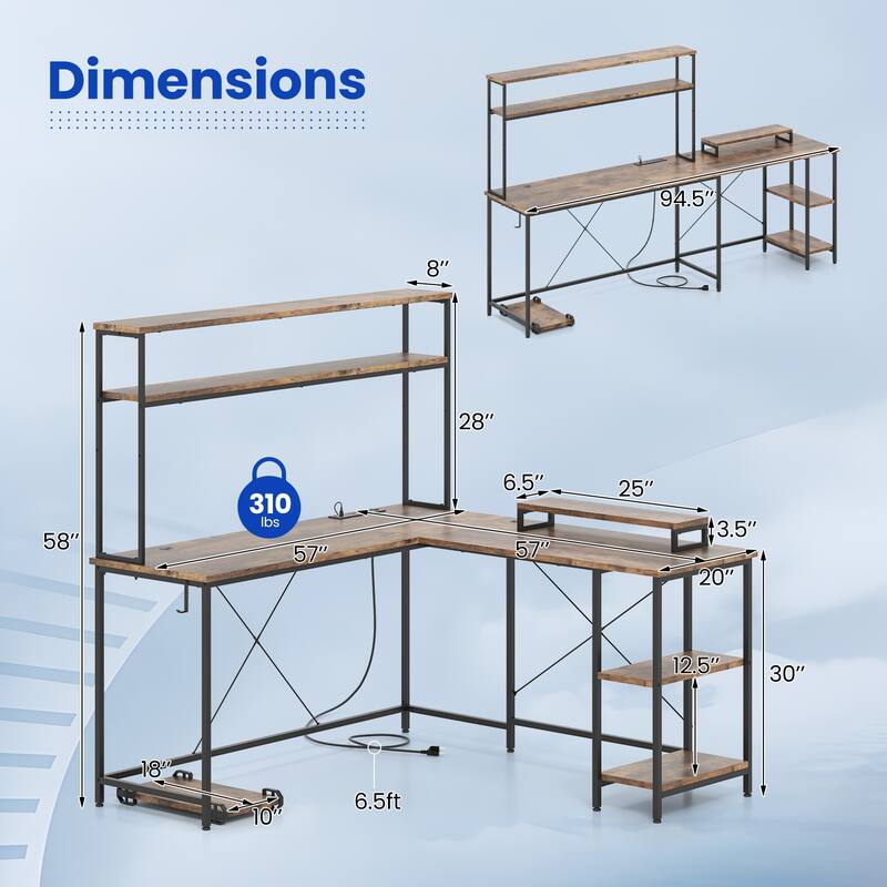 Engineered Wood L-Shaped Gaming Desk with LED Lights and Power Strip