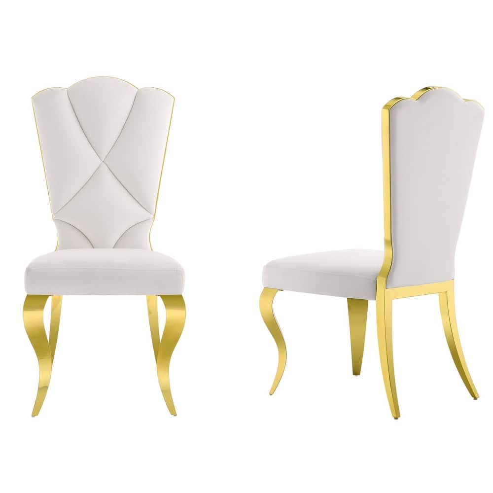 Modern Gorgeous High Back Dining Chairs White Velvet Upholstered Dining Room Chairs with Gold Metal Legs