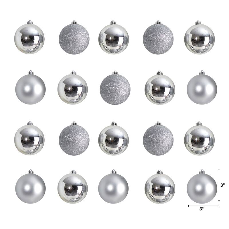 Shatterproof 3-Finish Christmas Ball Ornaments - 3" (80mm) - Silver - 20ct