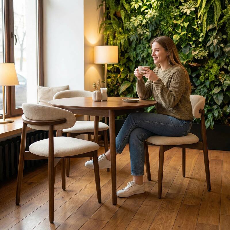 Wooden Dining Chairs Set of 2, Modern Fabric Upholstered Dining Room Chair with Curved Back, with Adjustable Foot Pads