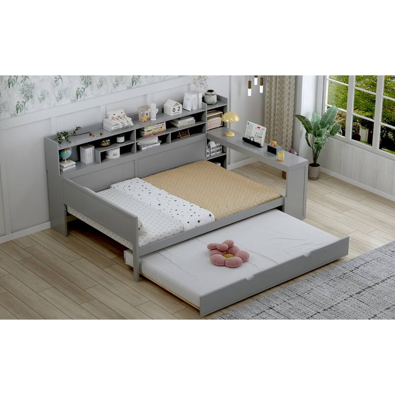 Wooden Full Size Daybed with Storage Shelves, Multi-functional Bed with Twin Size Trundle Bed and Study Desk