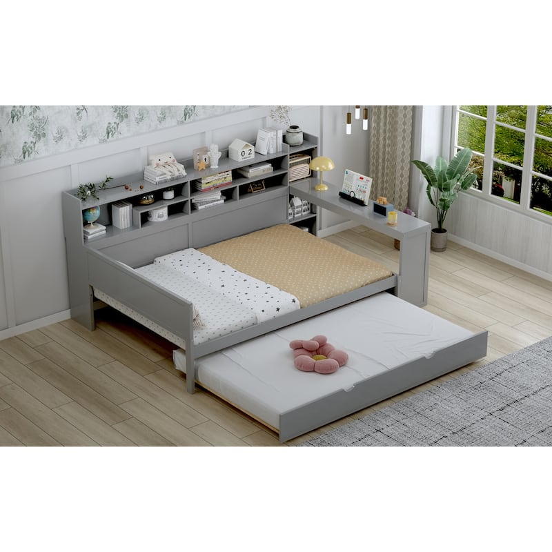 Wooden Full Size Daybed with Storage Shelves
