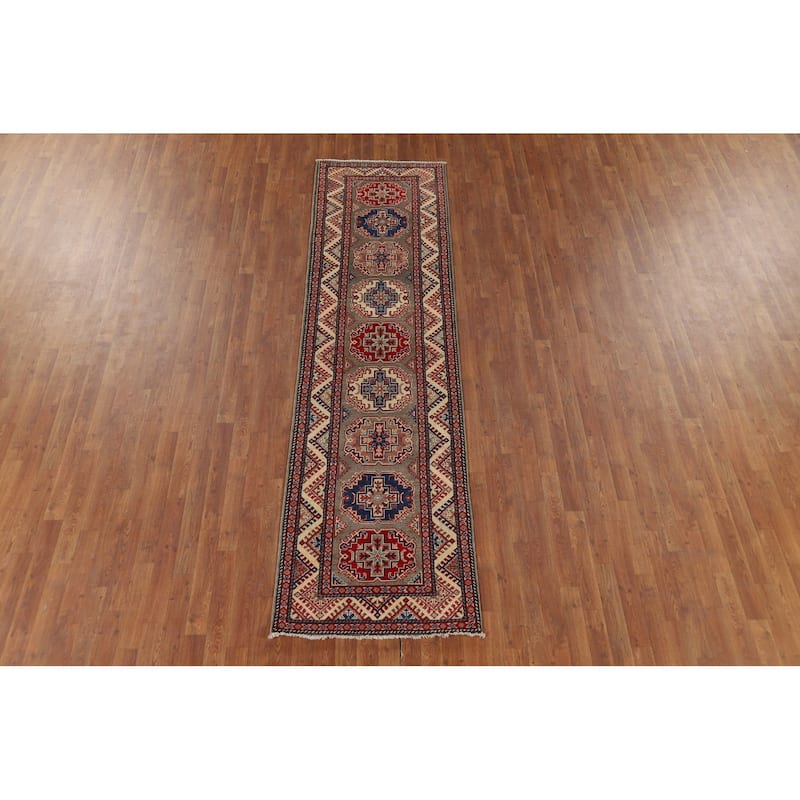 Geometric Brown Kazak Oriental Runner Rug Handmade Wool Carpet - 2'8" x 9'11"