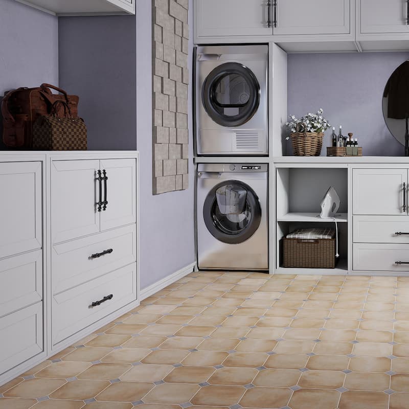 Merola Tile Laverton Octagon Beige with Taco Gris 7-7/8" x 7-7/8" Porcelain Floor and Wall Tile