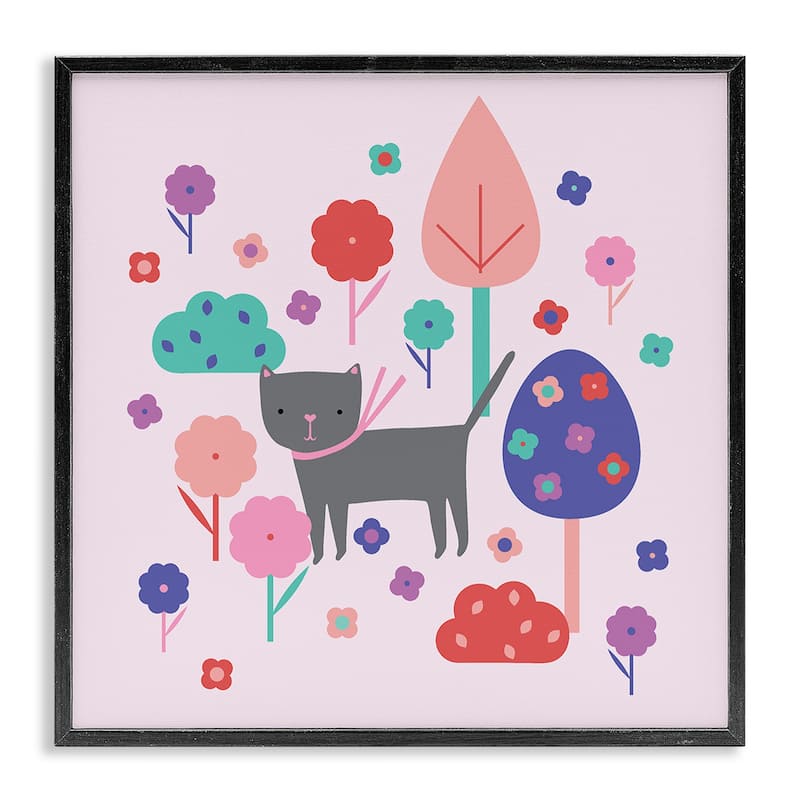 Stupell Pastel Whimsical Cat & Trees Framed Giclee Art Design By Sazerelli Designs - 24 x 24 - Black
