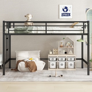 Kids Twin Size Metal Loft Bed with Ladder and Guardrails