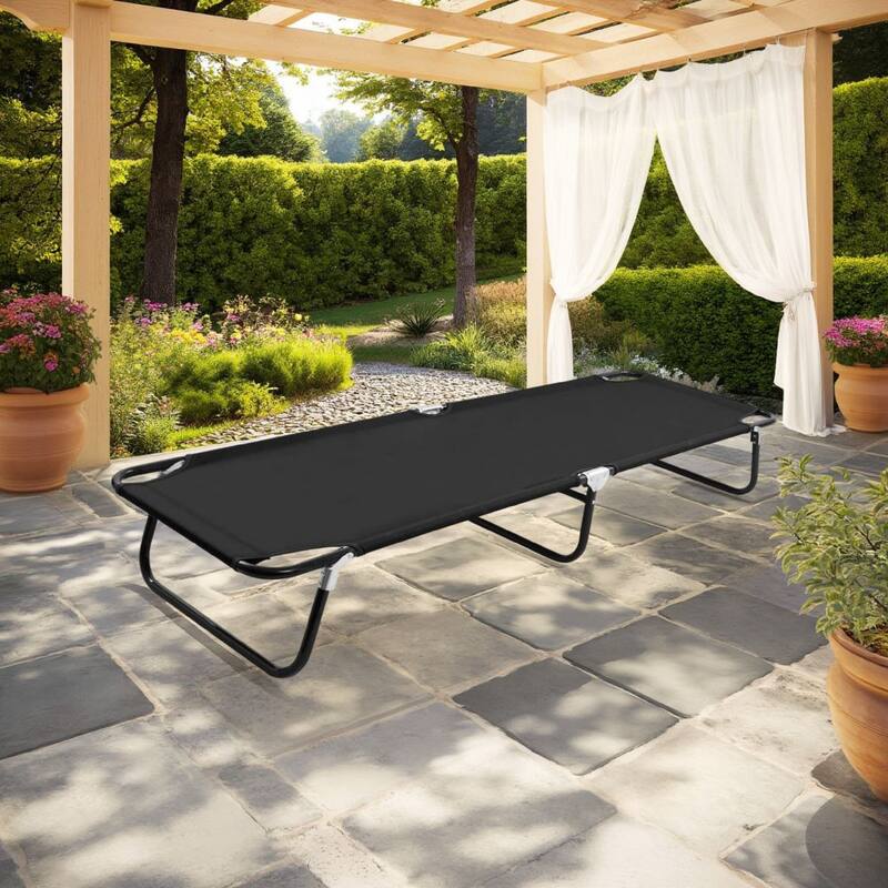 Zena Outdoor Lounger Sunbed, Black Fabric 75 Inch Foldable Steel Frame