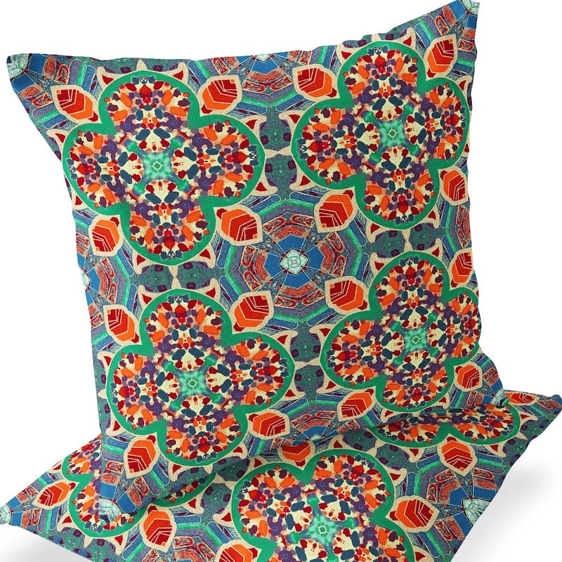 HomeRoots Set of Two 16" X 16" Blue and Orange Blown Seam Floral Indoor Outdoor Throw Pillow - 16.00' X '16.00' X '5.00