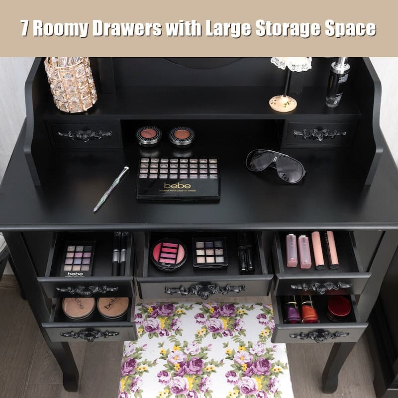 Gymax Vanity Makeup Set W/7 Drawer Tri-Folding Mirror Dressing Table &