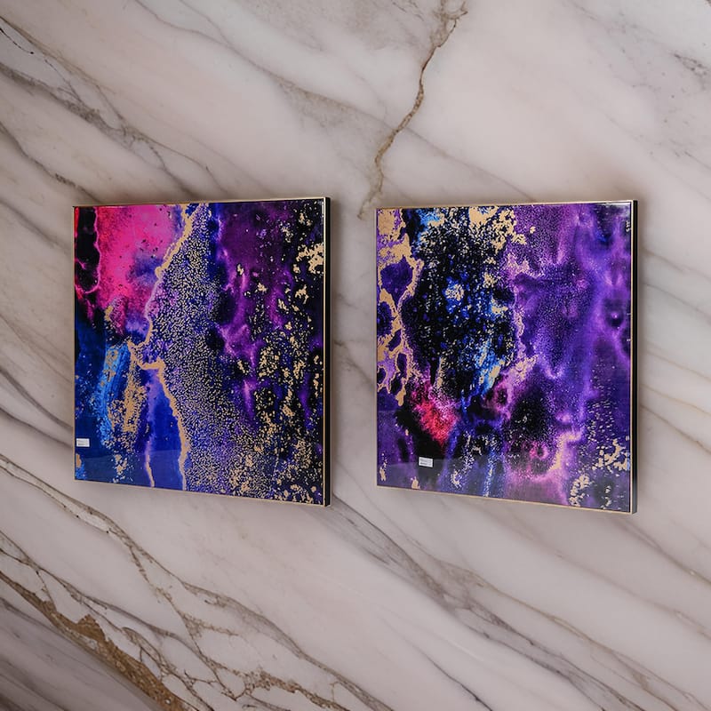 35 x 35 Set of 2 Framed Wall Art Prints, Gold Pink Purple Abstract Painting