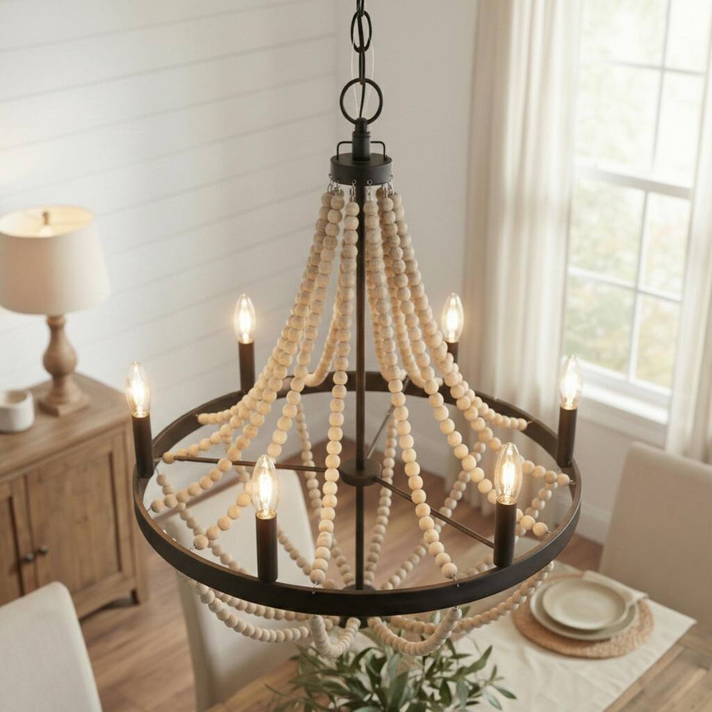 Hera Rustic 6-Light Wooden Bead Chandelier - Black